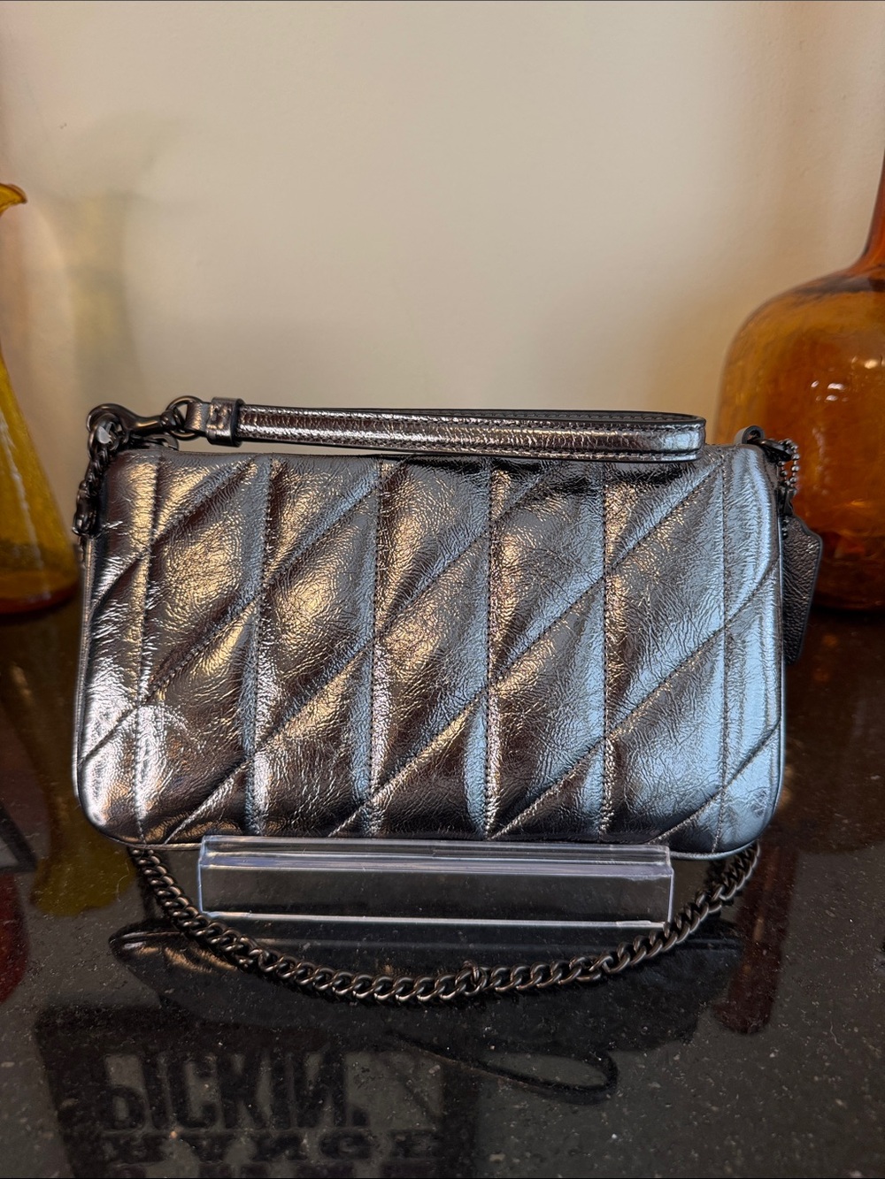 Coach Metallic Black Quilted Chain 3 way Bag
